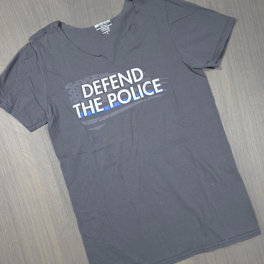 Greater Half Defend The Police V-Neck T-Shirt Gray Graphic Tee Women's Size S